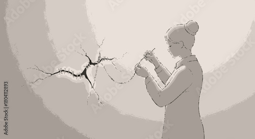 Conceptual illustration of a woman knitting a complex branching structure.