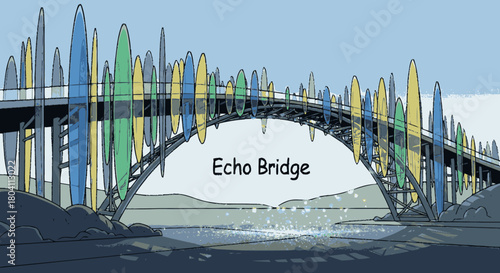 Creative artistic illustration of Echo Bridge with a sound wave design.