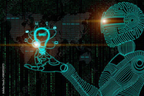 Futuristic robot holding a glowing light bulb in a digital world of data and binary code