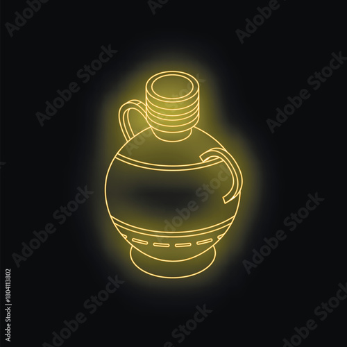 Neon yellow amphora shining on dark background, representing ancient greek pottery and cultural heritage