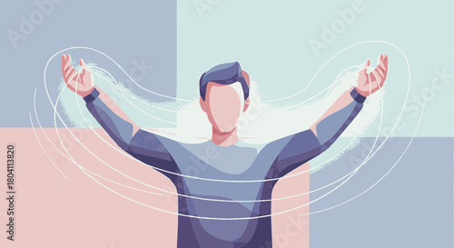 Faceless man with raised arms interacting with a futuristic digital interface.
