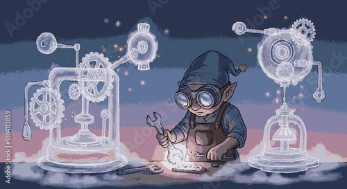 Fantasy gnome inventor with goggles working on a glowing mechanism.