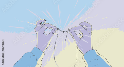 First person perspective of hands in gloves stretching a delicate object.