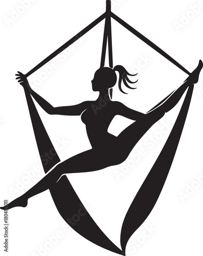 Aerial yoga pose, black silhouette of a woman suspended in a silk hammock
