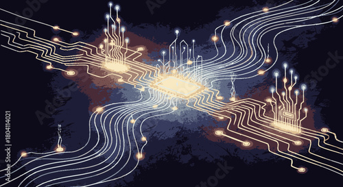 Futuristic digital processor with intricate glowing circuit board pathways.