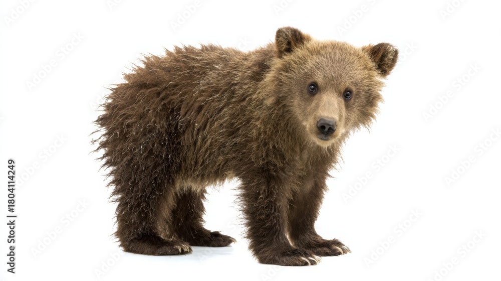 Obraz premium Brown Bear Cub Lying Calmly on White Background Close-Up