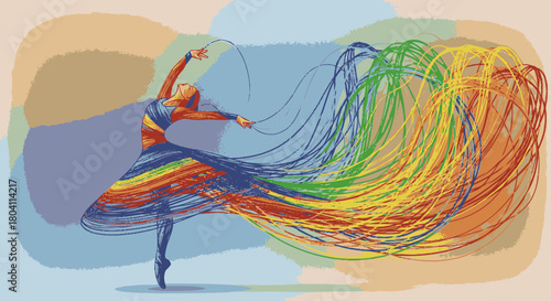 Graceful ballerina dancing with a flowing vibrant rainbow dress.