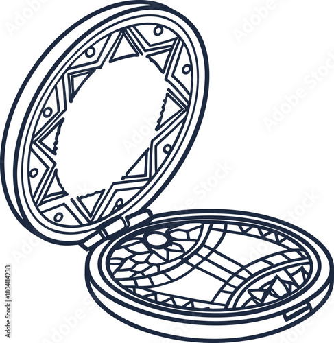 Compact mirror with decorative geometric pattern and open lid, reflecting luxury and personal grooming accessory