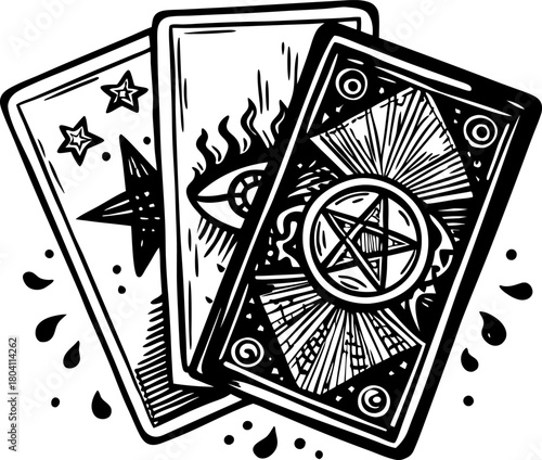 Tarot cards illustration with mystical symbols pentagram, all seeing eye, stars esoteric magic fortune concept