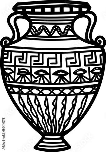 Ancient greek amphora vase illustration with geometric patterns and floral motifs, black and white line art design