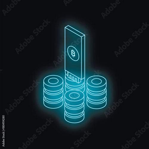Glowing blue hardware wallet standing on cryptocurrency stacks, securing digital assets in a futuristic financial landscape