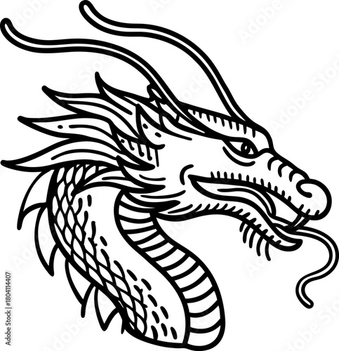Traditional dragon head illustration asian myth creature outline, detailed reptile with horns, scales, and whiskers