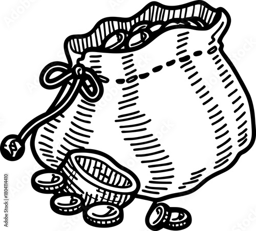 Hand drawn sack of coins illustration money bag, wealth, savings, finance, vintage black and white sketch