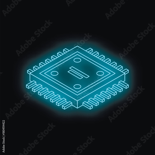 Neon blue isometric microchip glowing on a dark background, symbolizing innovation in computer science and electronic engineering