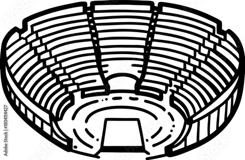 Ancient stone arena architecture, large open amphitheater with tiered seating and circular stage, historical landmark