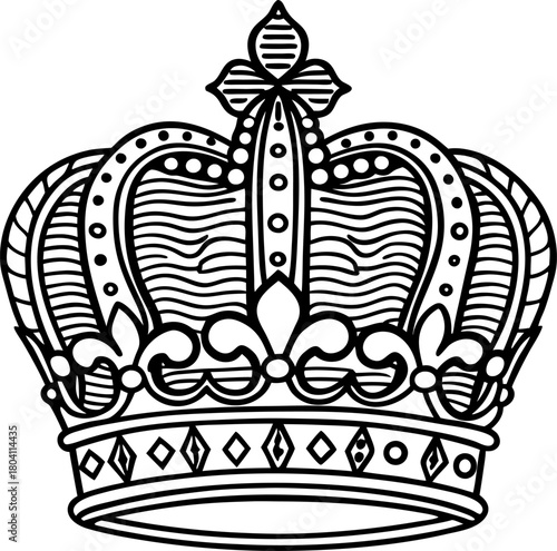 Ornate royal crown illustration vintage black outline, decorative drawing with elegant jewels and filigree details