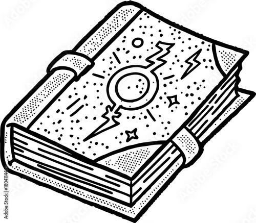 Ancient magical book with mystical symbols and lightning, enchanted spell tome, vintage fantasy illustration