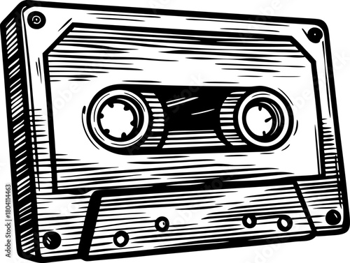 Vintage audio cassette tape illustration retro music media, analog sound recording nostalgic design