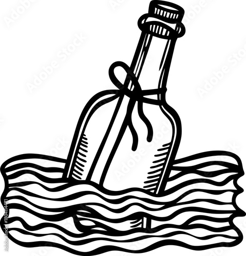 Message in a bottle floating on water vintage glass vessel, handwritten note, nautical maritime communication concept