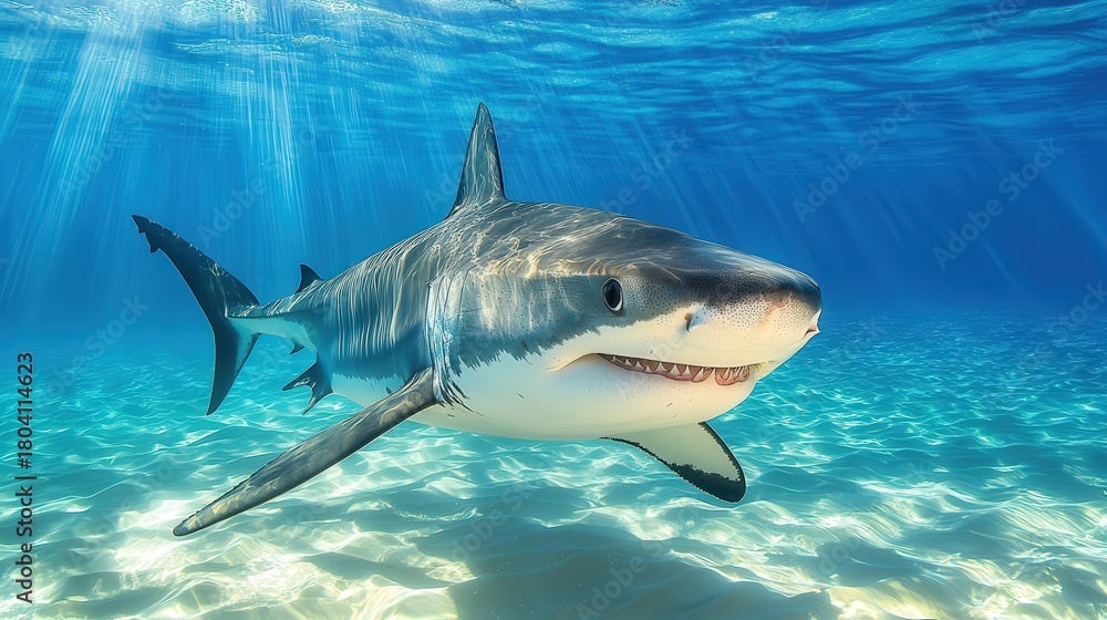 Naklejka premium A shark swimming near the ocean surface, with light rays piercing the water
