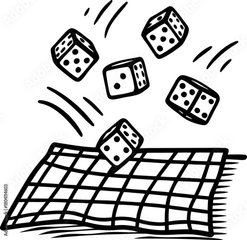 Dice rolling onto checkered surface, probability luck chance concept in action, strategy gaming illustration