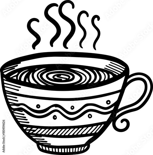 Steaming hot tea cup illustration decorative ceramic mug with handle, swirling steam lines, hand drawn