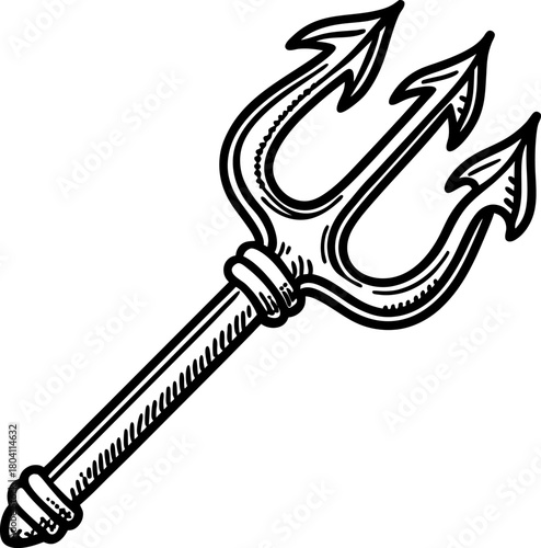 Hand drawn trident illustration three pronged ancient weapon, maritime symbol, classical mythology power sign