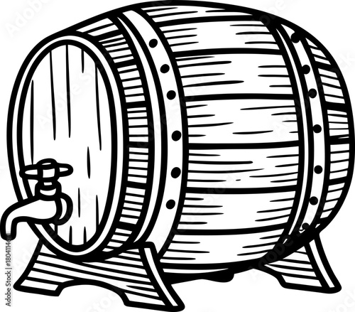 Wooden barrel with tap illustration vintage hand drawn keg container for beer, wine, or spirits storage concept