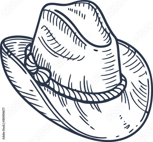 Classic cowboy hat sketch western headwear illustration with curved brim and decorative band, vintage fashion accessory