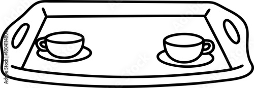 Rectangular serving tray with two handle openings and two teacups on saucers, minimalist black outline drawing