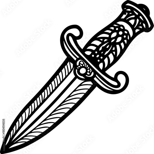 Ornate dagger illustration with intricate handle design vintage weapon, detailed blade, black and white drawing