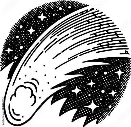 Comet flying through starry night sky stylized meteor, cosmic dust, space rock, celestial body illustration