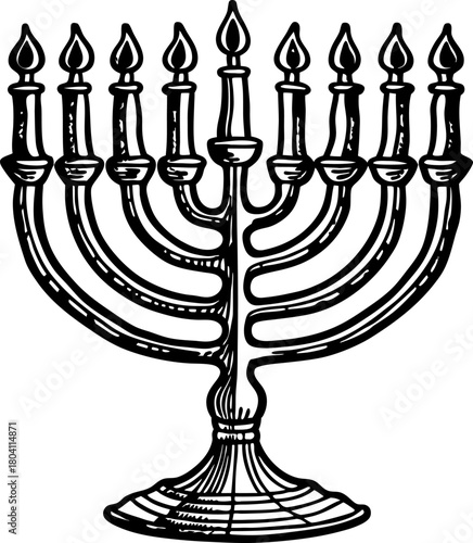Hanukkah menorah candelabrum illustration nine branched lamp with lit candles, traditional jewish festival symbol