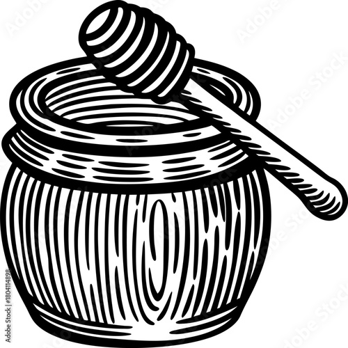 Honey jar with wooden dipper sweet natural honey container, traditional food element, monochrome hand drawn illustration