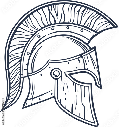 Ancient warrior helmet illustration spartan protective headgear with plume, hand drawn antique armor, history concept