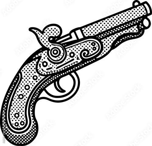 Vintage flintlock pistol illustration, hand drawn dotted engraving of ornate antique firearm side view