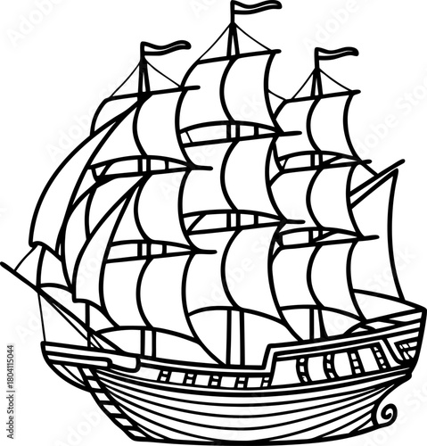 Classic sailing ship with multiple sails and wooden hull nautical vessel, maritime adventure, vintage exploration