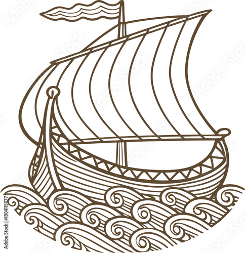 Ancient wooden sailing ship on ocean waves hand drawn line art of traditional maritime vessel illustration