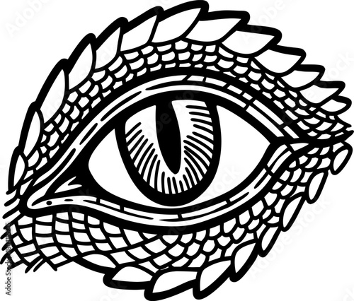 Detailed reptile eye illustration hand drawn dragon eye with scales, fantasy monster outline, mythical creature art