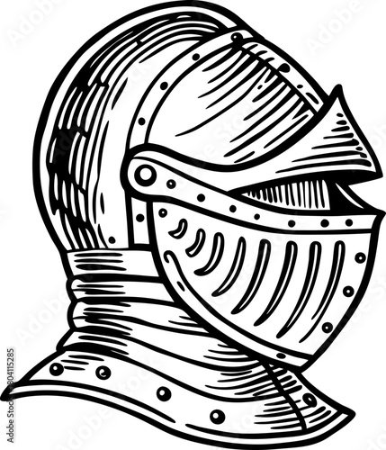 Medieval knight armor helmet illustration vintage hand drawn metal visor head protection, historical equipment design
