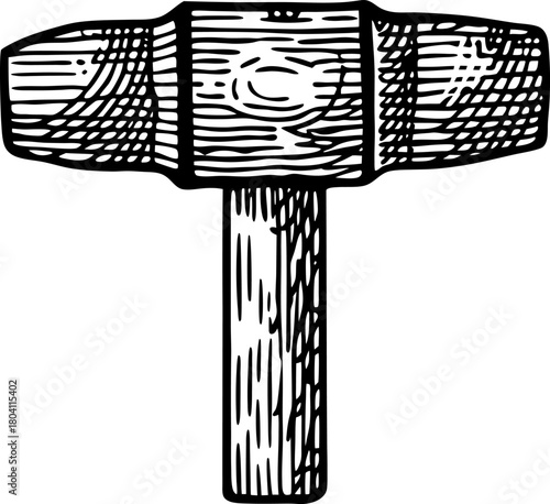 Wooden mallet vintage illustration hand drawn carpentry tool sketch, black and white construction hammer art