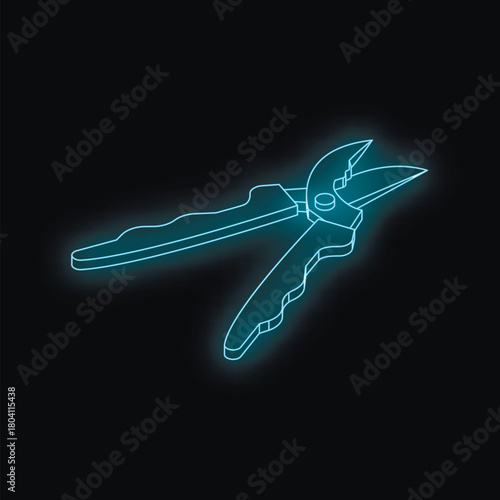 Neon blue pruning shears isolated on black background, representing gardening, plant care, and landscaping