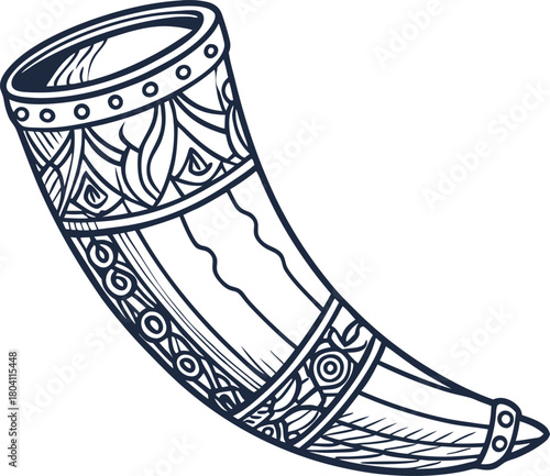 Decorative viking drinking horn illustration ancient scandinavian ceremonial object with ornate patterns, tribal design