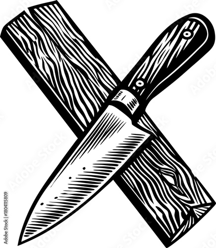 Chef knife crossed with wooden cutting board, vintage black and white kitchen utensil illustration