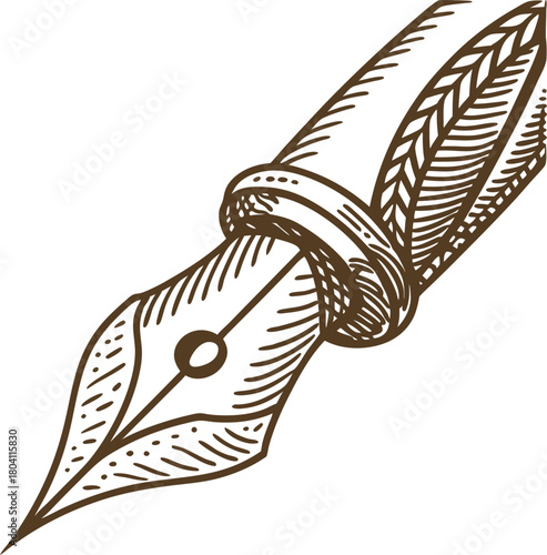 Vintage fountain pen nib illustration hand drawn detailed sketch of classic writing instrument tip, intricate design