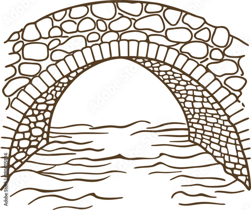 Stone arch bridge over flowing water hand drawn medieval structure, arched masonry crossing, ancient river passage