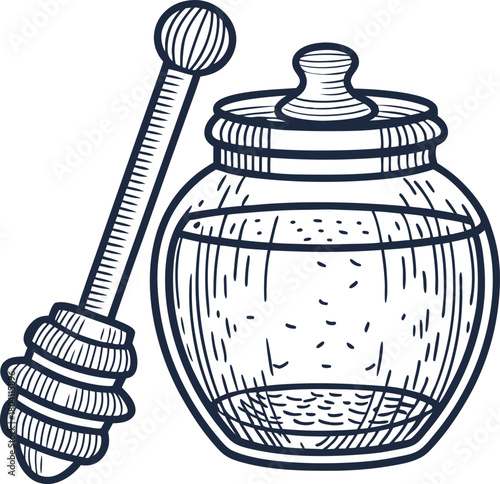 Honey jar and dipper hand drawn glass container with lid and wooden stick, natural sweetener sketch illustration