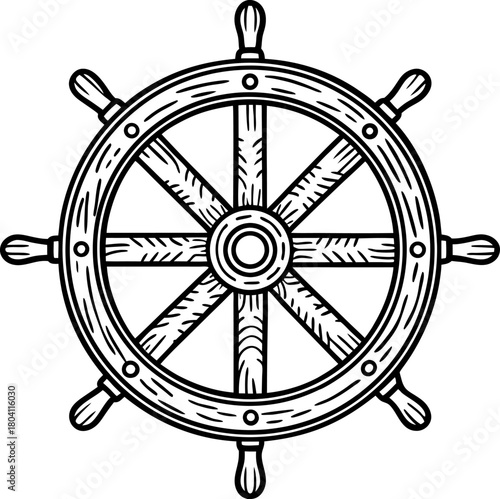 Nautical ship wheel illustration vintage maritime steering, black and white hand drawn marine navigation helm