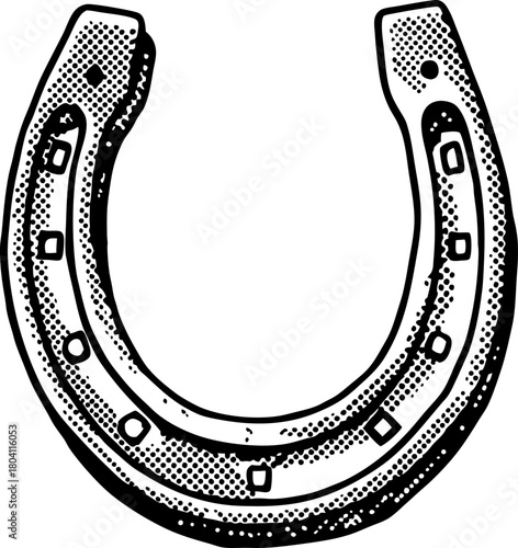 vintage horseshoe illustration black and white lucky symbol, iron equestrian object for success, protection