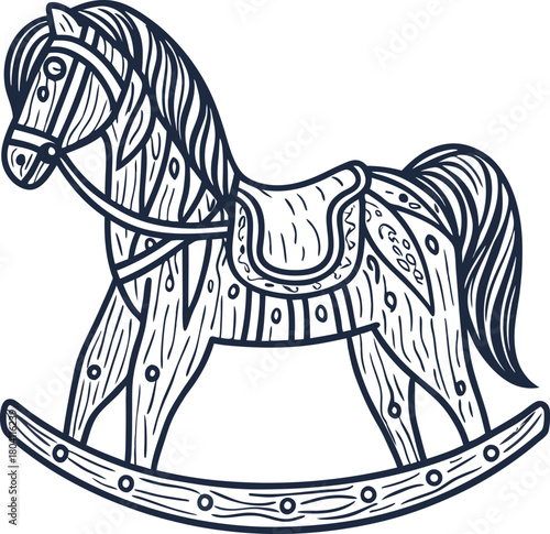 Classic wooden rocking horse toy hand drawn vintage children's ride on, playful childhood nostalgia illustration